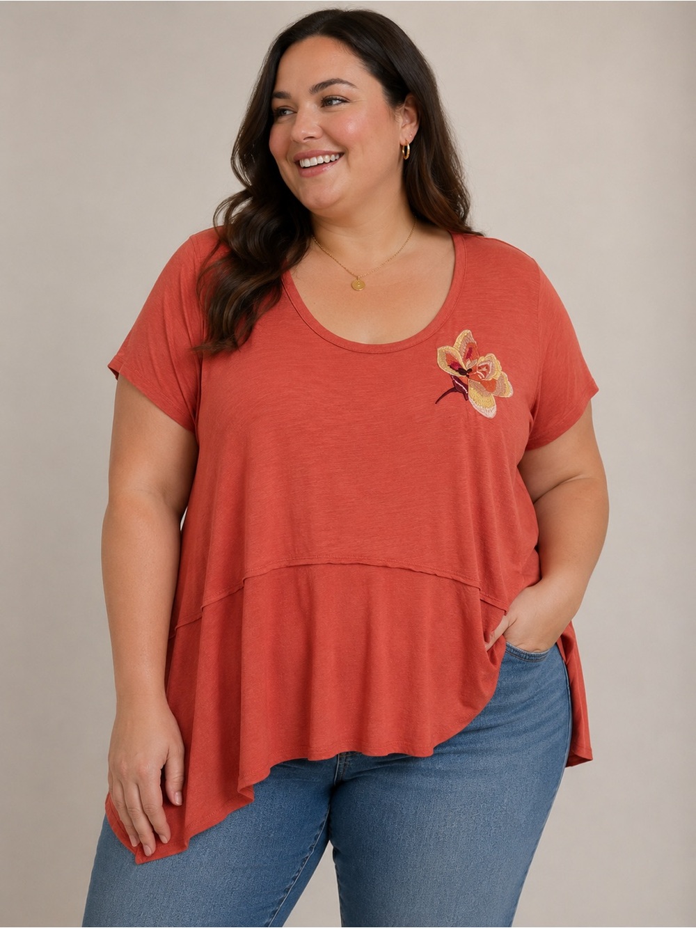 George Plus 2X Coral Embroidered Tunic Top Asymmetrical Hem Short Sleeve